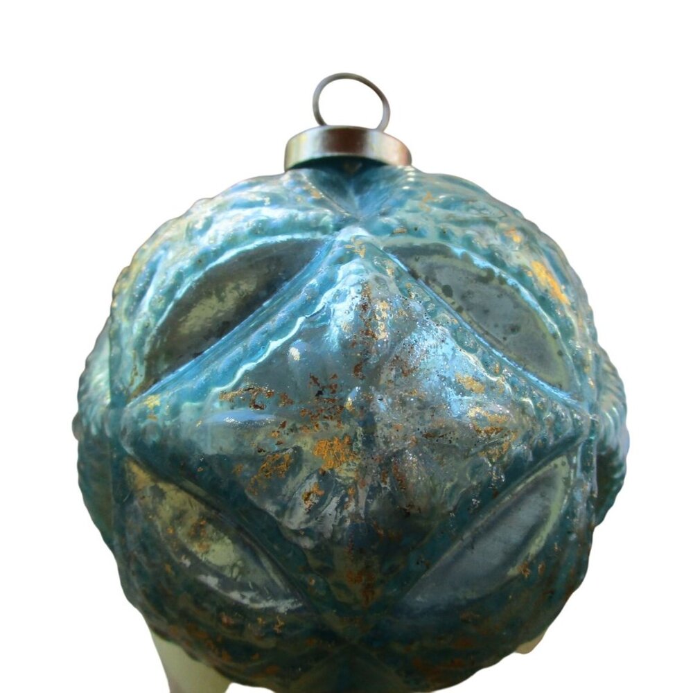 Vintage Turquoise Diamond Bevel Glass Christmas Ornament Kugel Style GUC